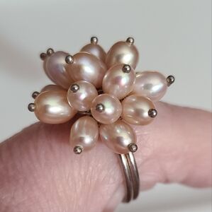 Pink natural freshwater rice pearls cluster flower ring sz 5 silver sterling?